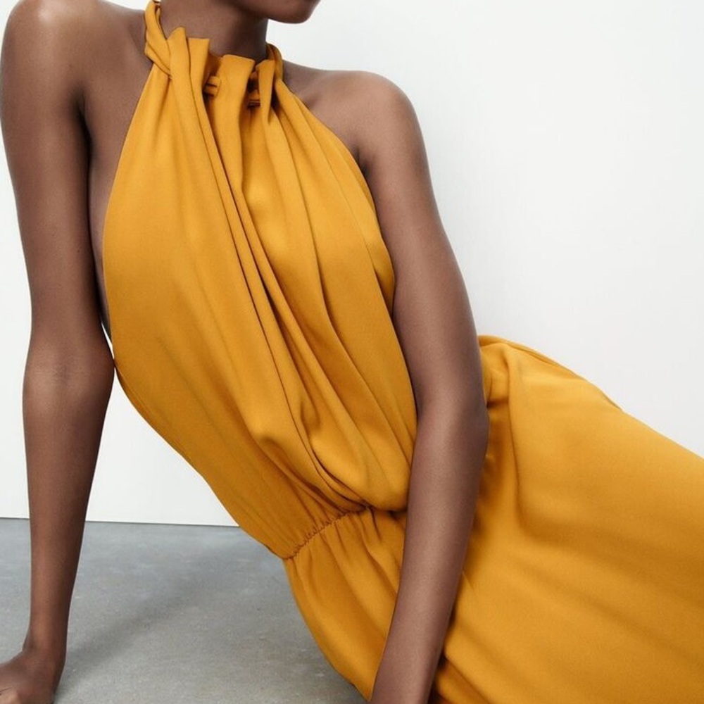 ZARA Limited Edition Mustard Yellow Halter Neck Maxi Dress